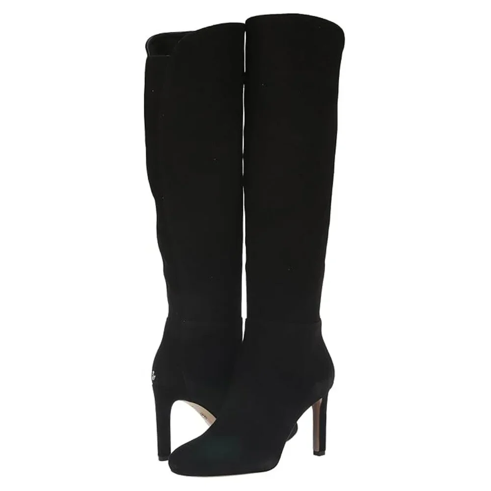6.5 Leather Knee High Tall Boot Suede Black Round Almond Toe Heel Edelman Shauna